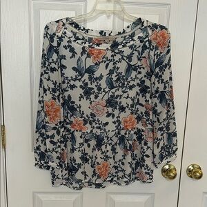 LOFT Floral Blouse with Coral and Blue Grey Accents